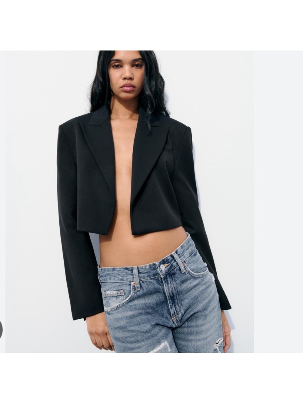 Zara Cropped Black Tailored Blazer Missing buttons on sleeve